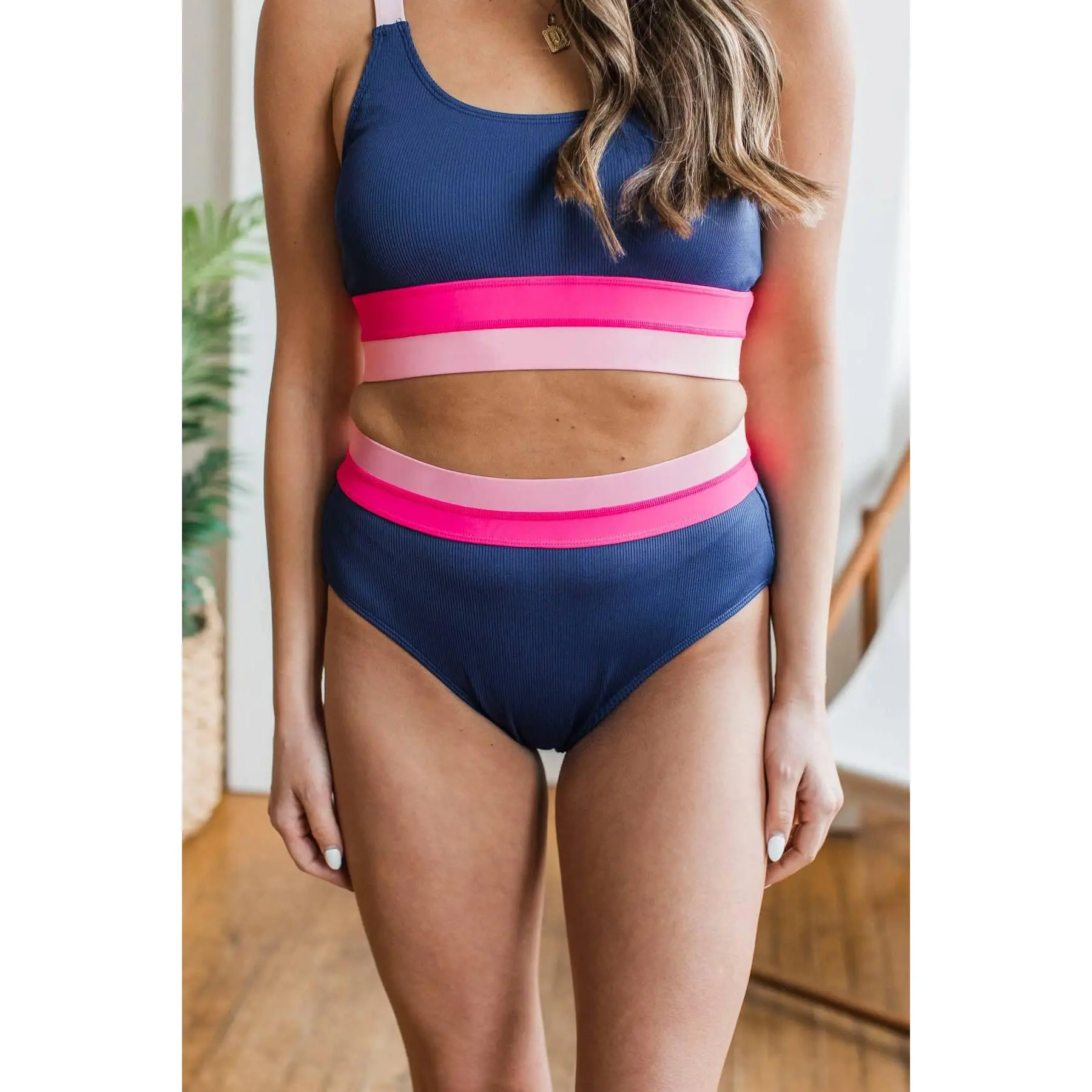 Women's Swim Shorts, High-Rise Ribbed Bottoms with a Color Block Elastic Waistband and Stretch Fit - Navy & Pink, Swim Shorts Women