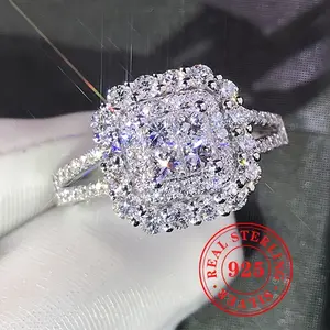 925 Sterling Silver Pave Shiny Zirconia Square Ring Bridal Wedding Ring Women's Finger Jewelry