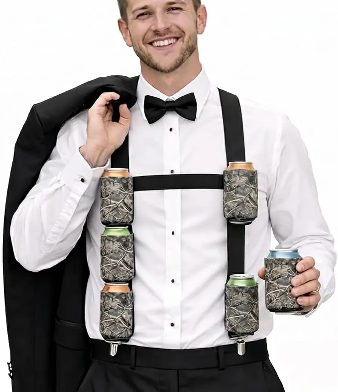 Men's Big Woody Camo 6-Pack Suspenders - Hands-Free 6-Can Drink Holder for Weddings, Tailgating