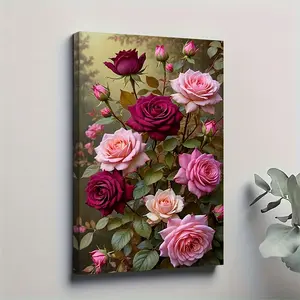 1pc Multicolored Rose Bouquet Canvas Wall Art |   Vibrant Pink, Purple, White & Burgundy Floral Painting with Solid Pine Wood Frame, 11.81x17.72 Inch, Ready-to-Hang Living Room Decor, Flower Wall Decor, Elegant Home Accessory, Natural Foliage Design