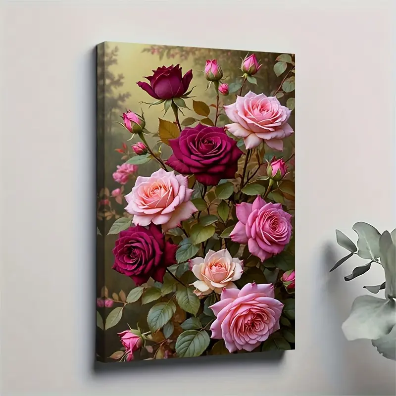 1pc Artistic Multicolored Rose Bouquet Canvas Wall Art - Vibrant Pink,Purple,White,Burgundy Floral Painting with Solid Pine Wood Frame,11.81x17.72in Ready-to-Hang Decor for Living Room,Wardrobe,Bedroom,Bathroom,Kid Room,Classroom,Home Accessory