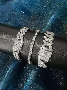 3pcs/set Hip Hop Charm Iced Out Cuban Chain Tennis Chain Strap Stackable Bracelets Jewelry Set, Unisex Fashion Accessories for Party & Festival