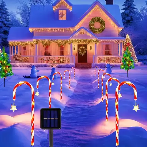8/12-Pack Cordless Solar-Powered LED Christmas Candy Cane Ornaments - 8 Modes, IP65 Waterproof, Outdoor Festive Decoration for Yards, Flower Beds - Home Holiday Lighting Supplies