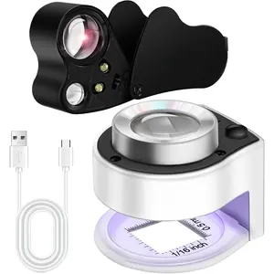 2 Pack 30X 60X Jewelers Loupe, Foldable  Magnifier with Bright LED Light, Rechargeable Loupe Magnifier with 3 LED and 3 UV Light for , , ,  (White & Black)