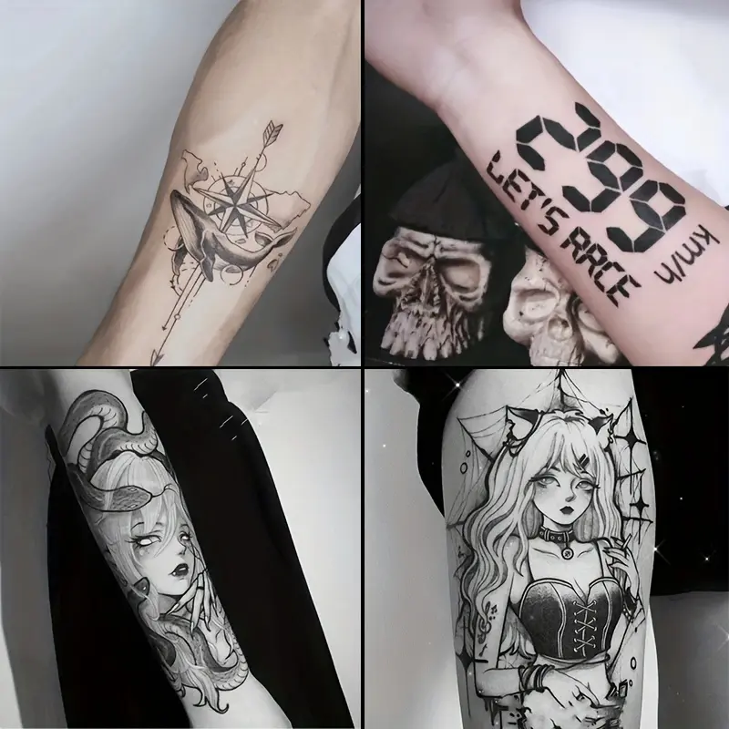 Six Large Herbal Tattoo Stickers, Including Dusha, Catwoman, Whale, Speedometer and Other Elements, and Two Random Styles, Lasting 7-15 Days, Waterproof and Anti-Friction, Realistic Effect, Suitable for People Who Do Not Want to Tattoo