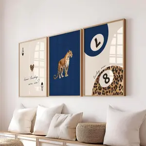 Navy Blue Leopard Cheetah Print Set of 3 How lucky are we Lucky 8 Ball Cheetah Posters coquette room decor maximalist dorm wall art decor