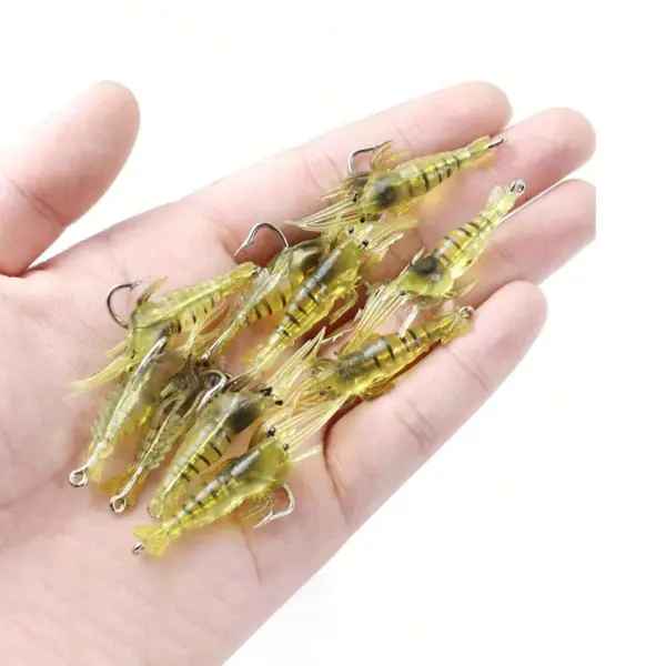 Luminous Shrimp Silicone Artificial Bait 10 Pcs with Hooks - Soft Prawn Design for Fishing Tackle Lures, Yellow, Flexible Durable Material