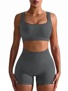 Two-Piece Set Women's Solid Ribbed Crop Tank Top & High Waist Shorts Sports Set, Sporty Casual Breathable Comfortable Two-piece for Yoga Gym Workout Running, Ladies Sportswear for All Seasons, Gym Yoga Outfit