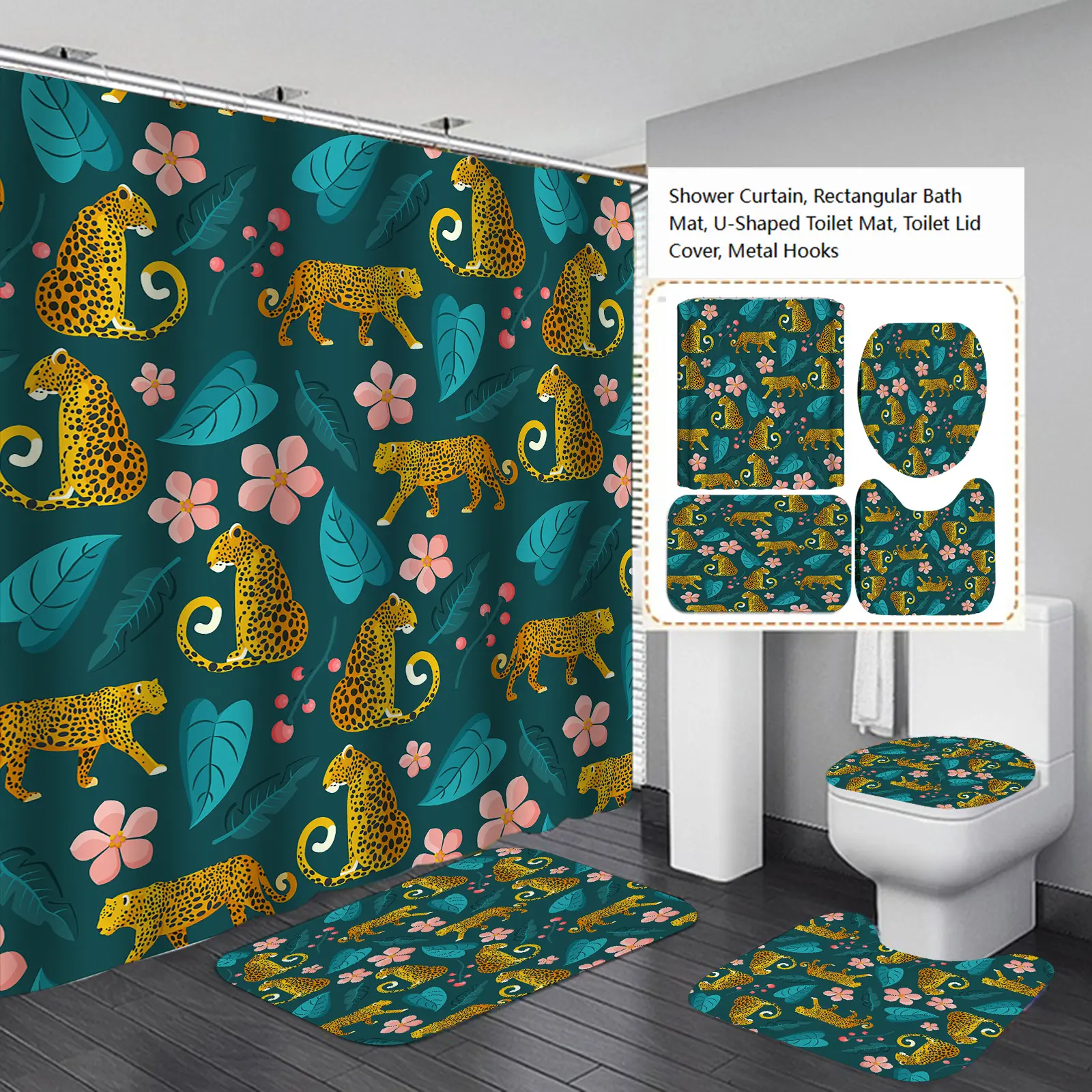 4Pcs Tropical Leopard Bathroom Shower Curtain Set, Dark Green Jungle Floral Cheetah Print Waterproof Curtain with Absorbent Non-Slip Bath Rugs, Exotic Wildlife Bathroom Decor