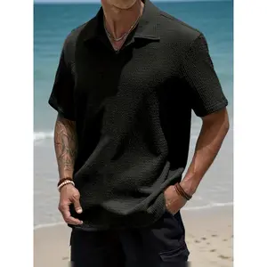Men's Casual Short Sleeve Shirt, Classic Solid Color Waffle Texture Button Up Polo Shirt, Relaxed Fit Collared Top for Men, Perfect for Golf, Travel, Weekend Outings, or Streetwear
