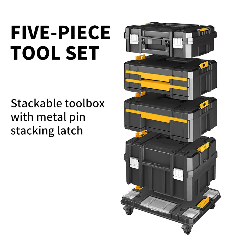 5-tier stackable toolbox set (includes roller base), portable modular plastic storage box (with drawers), and mobile tool cabinet made of reinforced PP material, suitable for workshop and home repair, as well as construction and DIY applications.