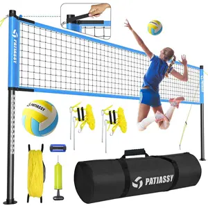 Outdoor Volleyball Net Set 32FT Regulation Size Anti-Sag Net System Easy Setup Adjustable Height Poles Portable Complete Set with Volleyball Pump Hammer Boundary Line & Carry Bag for Backyard