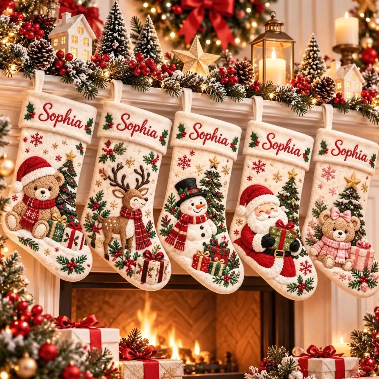 Personalized Christmas Stocking, Santa Reindeer Snowman Stocking, Custom Name Holiday Stocking