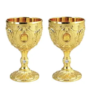 Vintage medieval style replica of the Renaissance Holy Grail high footed cup, luxurious gold finish with exquisite floral patterns, handmade metal cup, suitable for housewarming gifts, special occasions, and decorative purposes