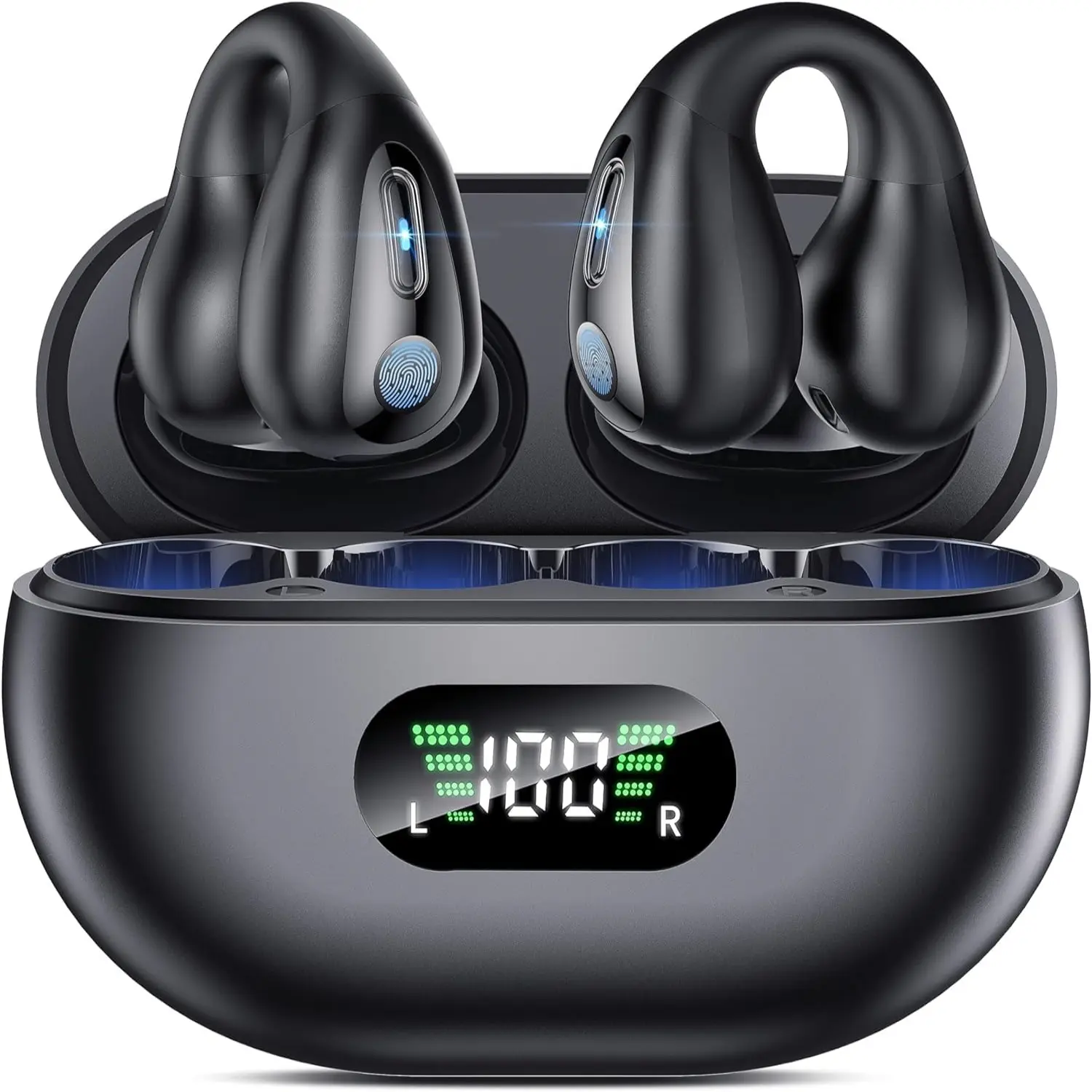 Bone Conduction Earbuds - Open Wireless Ear Clips with Bluetooth 5.3, Silicone Build, Built-in Microphone, 36H Playback, Type-C Charging Case, IPX7 Rated Waterproof, Button Connection, Audio Headset for Mobile Use