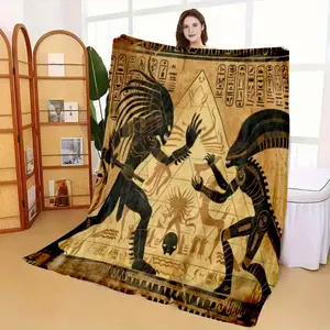 1PC Unique Egyptian Element Alien and Predator Pattern Blanket Warm and Comfortable Home Throw Blanket Showcasing a one-of-a-kind Egyptian element design with alien and predator motifs, this blanket