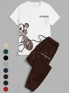 Men's Los Angeles Graphic Tee Jogger Set, Y2K Street Style Cartoon Bear Sports, Trendy Casual Summer Clothing