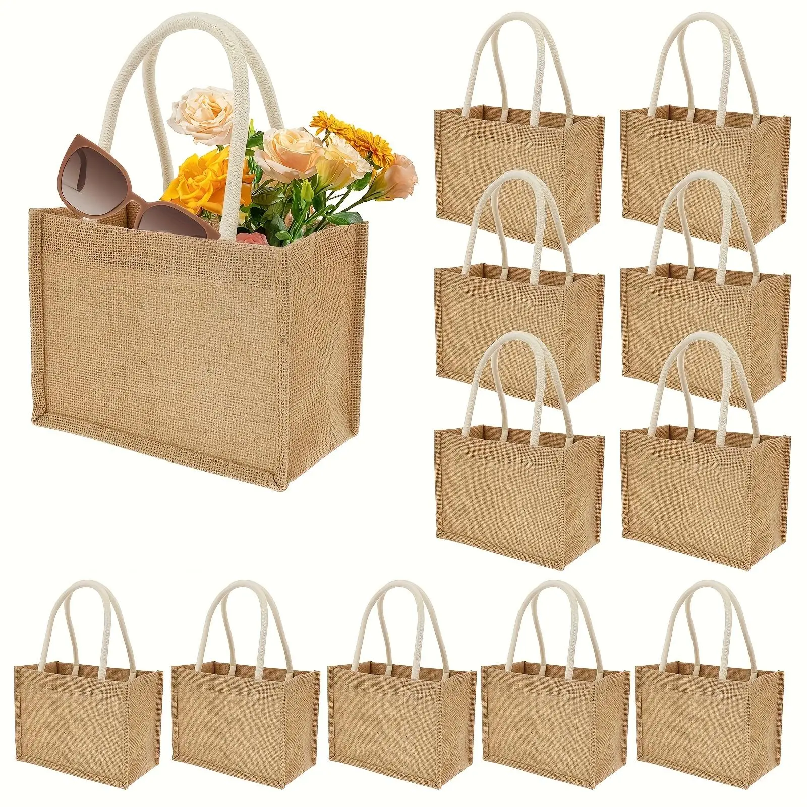 Small Jute Gift Bags with Cotton Rope Handles, 9.1 x 6.3 x 5.1 in Reusable Burlap Tote Bags, Natural Mini Gift Bags for Wedding Favors, Party Gifts, Retail Packaging, Bridesmaid Gifts, Holiday Goodies