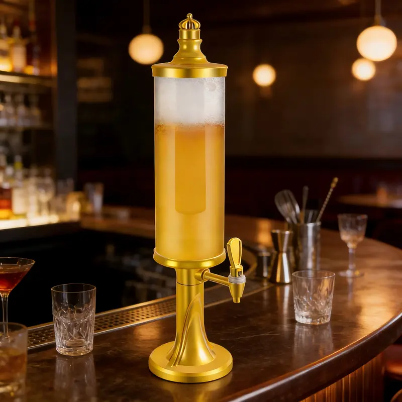 3L (0.793gal) Gold Tower-Shape Beer Beverage Dispenser with Tap, LED Lights, Ice Tube, Freeze Tube, Flexible Spouts - Built-In Design Home Supply, Thick Base Stays Steady, Smooth Surfaces Clean Fast, Modern Minimalist for Banquets, Father’s Gift