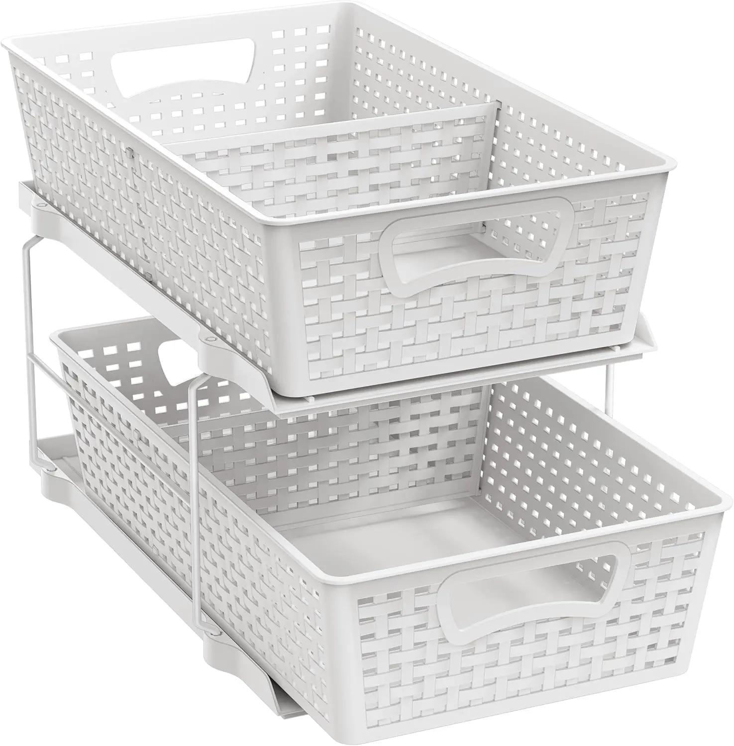 2-Tier White Bathroom Organizer Tray with Pull-Out Sliding Drawer, Under Sink Storage Rack