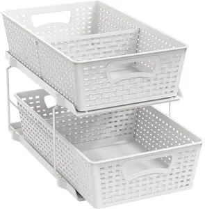 2-Tier White Bathroom Pull-Out Sliding Drawer Organizer Tray, Under Sink Storage Holder