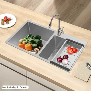 Stainless Steel Double Bowl Kitchen Sink 78cm with Drain Basket Filters for Home Faucet Not Included
