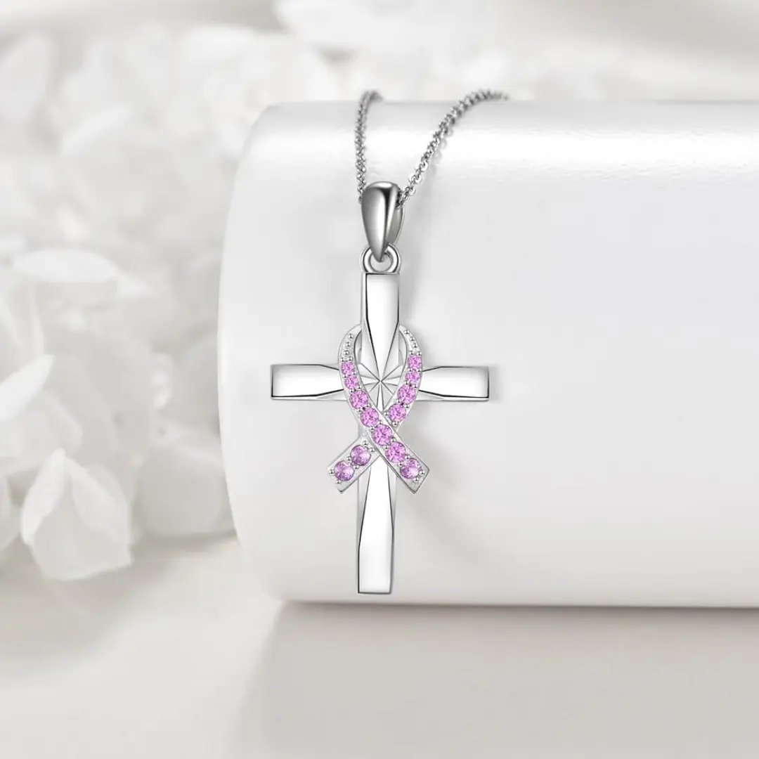 Unisex European-American Style Alloy Cross Pendant Necklace with Crystal Rhinestones, Pink Ribbon Breast Cancer Awareness Survivor Support Jewelry Gift, European And American Style, American/European