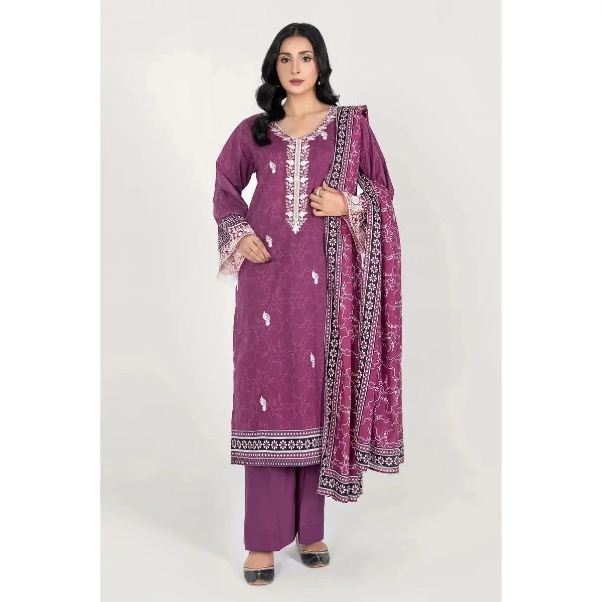Embroidered 3-Piece Lawn Suit for Lady, Stitched Brandy Rose Clothes with Printed Shirt and Dupatta for Effortless Elegance, Sleeves, Trouser
