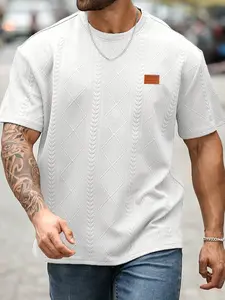 Men's Regular Fit Round Neck Jacquard Tee, Casual Comfy Fit Short Sleeve T-shirt for Summer, Fashion Men's Top for Daily Wear