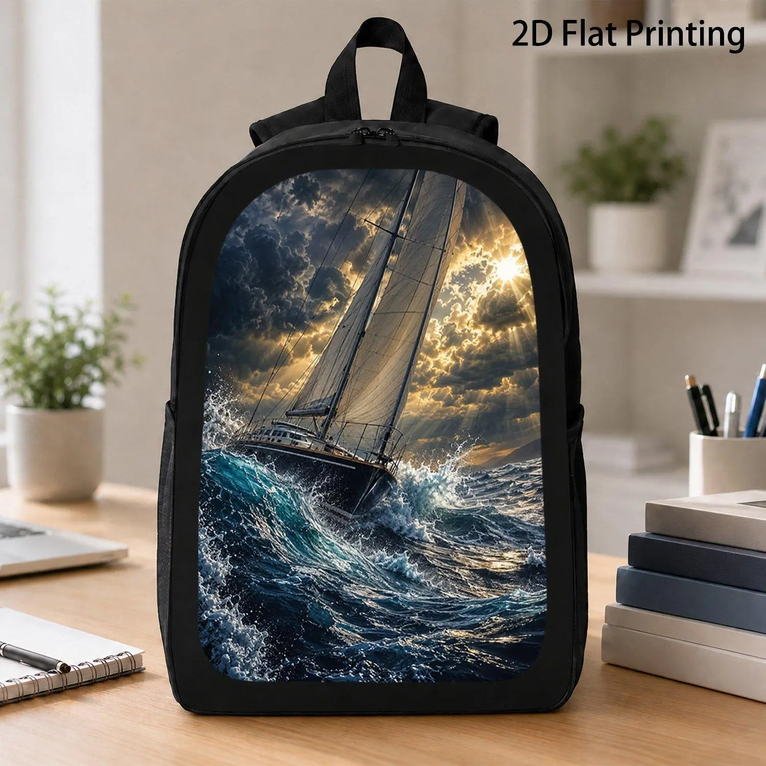 17 Inch Backpack One Piece Stormy Ocean Wave Sailboat Pattern Durable Sailing Adventure Survival Travel Laptop Backpack for Explorers and Travelers