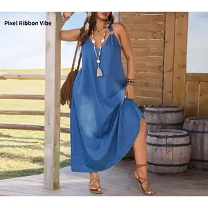 Elegant Women's Sleeveless Denim Long Dress, Adjustable Cross Straps, A-line Design, Lightweight Summer Casual Dress, Suitable for Vacation or Daily Wear, Versatile Fashionable Dress