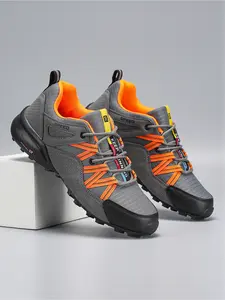 Unisex Outdoor Tech Hiking Shoes: Grey-Orange Contrast, Serrated Non-Slip Sole, Breathable Mesh For Mountain Trips