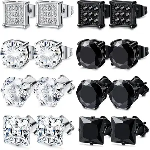 FIBO STEEL 4/8 Pairs 316L Stainless Steel Square CZ Stud Earrings for Men Women 6-8MM AAA+ Shiny Cubic Zirconia Earrings Set