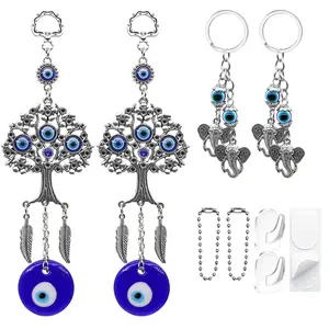 alikiki Tree-shaped Evil Eye Car Hangings & Ganesha Idol Evil Eye Key Chains Set - 4 Packs Turkish Nazar Amulet Boncugu Car Rearview Mirror Decor Home Window Door Entryway Shrine Spiritual Ornaments