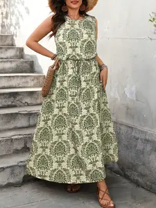 Plus Size Women's Dress, Round Neck Sleeveless Zipper Midi Dress, Bohemian Style, Casual Vacation Wear, Floral Pattern, Fitted Design, Womenswear