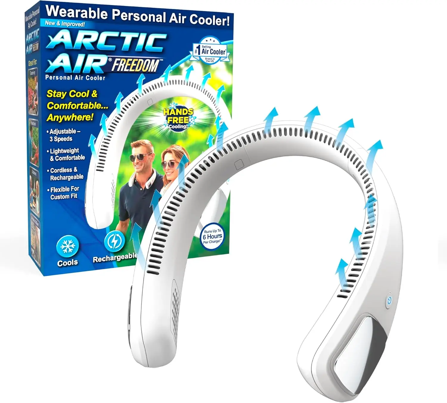 Arctic Air Freedom Personal Air Cooler - Rechargeable Cooling Fan, Powerful Ultra-Compact Portable, 3-Speed Neck Fan, Hands-Free Wearable, Lightweight Cordless Home Appliance, Powerful Portable Fans