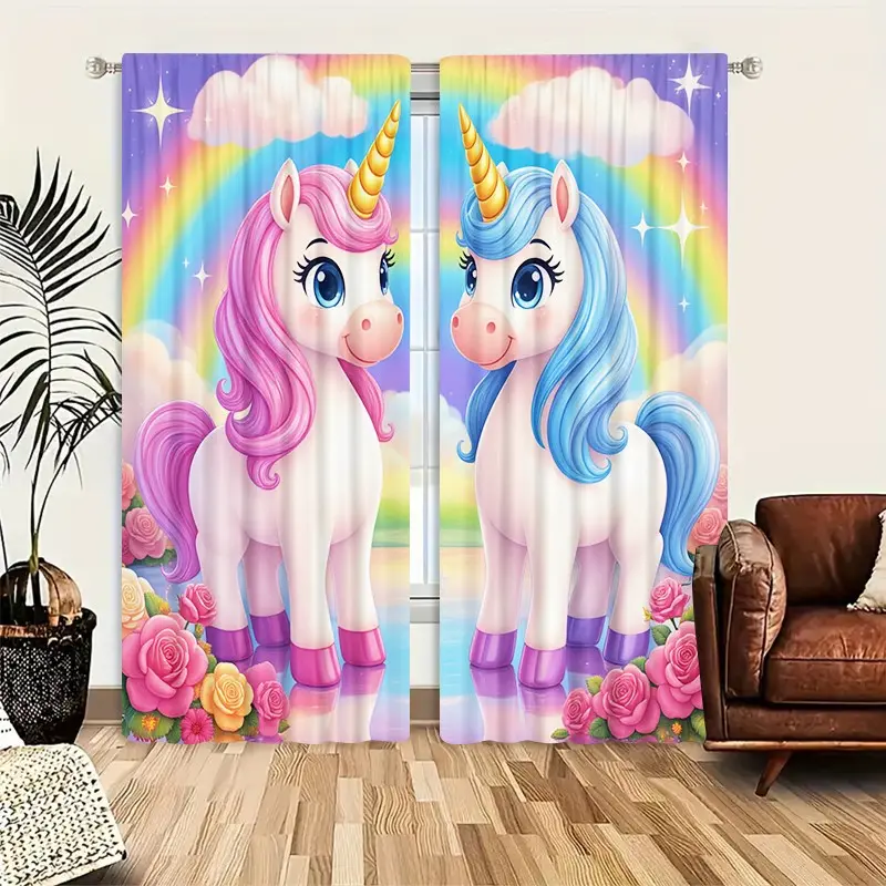2pcs Unicorn Pattern Half-Blackout Curtains, Window Curtain, Home Decorative Curtain, Home Decoration Curtain, Cute Cartoon Art Style, Suitable for Kitchen, Living Room, Bedroom, Bathroom, Game Room