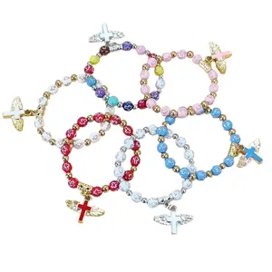 Angel Wings Cross Beaded Bracelet for Men & Women Adjustable 17 cm Faith Symbol Jewelry