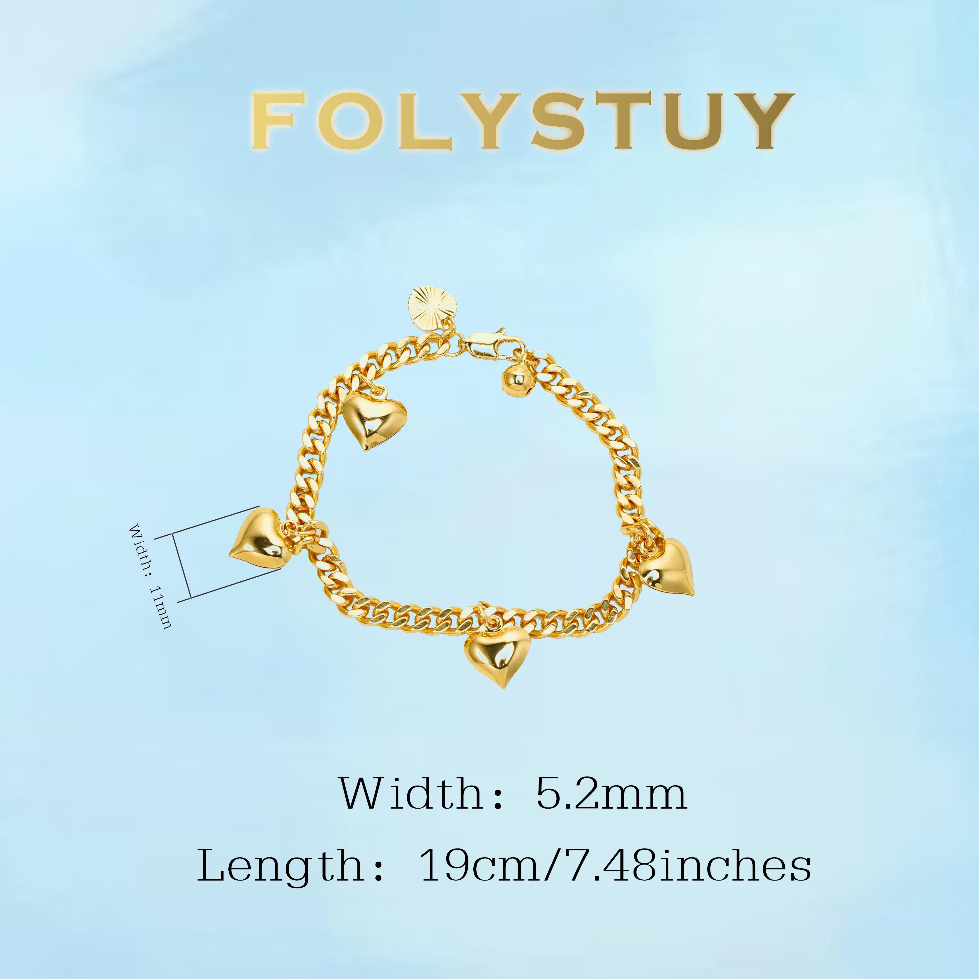 [FOLYSTUY (W161)]Cuban Link Chain Bracelet with Multiple Heart Charms, 0.2" Width 7.48" Length, Elegant Statement Wrist Bangle for Daily Wear & Gifting