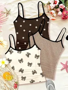 3-Piece Girls' Tank Top Set, Daisy, Leopard Bow, Houndstooth Prints, Fitted Ruched Strappy Vest, Casual Daily Wear, Short