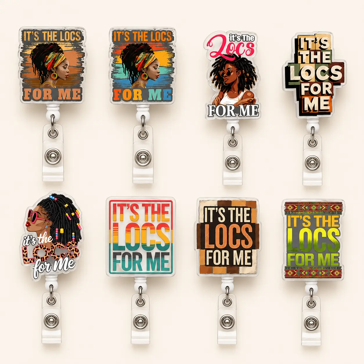 Locs Style Badge Reel Set, Aesthetic 2D Acrylic ID Holder, Empowering Name Tag for Work Gift