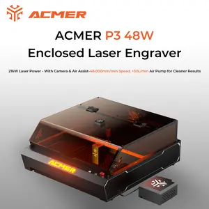 ACMER P3 48W High-Power Laser Engraver with Air Pump, featuring a diode laser output power, integrated housing, built-in camera module for laser cutting and air assist. With an engraving speed of 48000mm/min