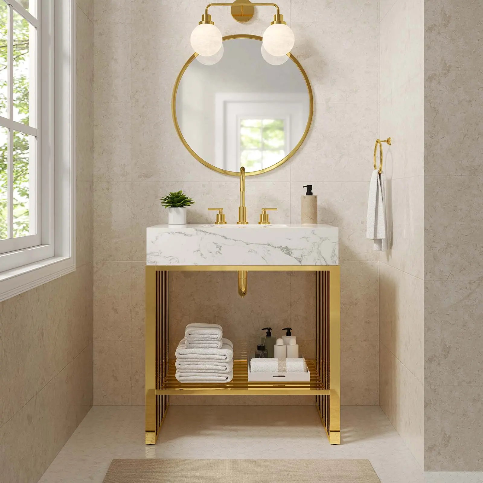 Modway Gridiron 30" White Gold Bathroom Vanity, Modern Bathroom Fixture Sets, Storage Cabinet, Bathroom Storage Cabinet