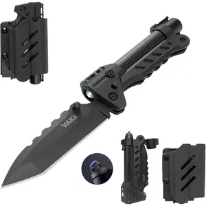VAK6-S Survival Multitool with Folding Knife, LED Flashlight and Pulse Ignition, EDC Pocket Knife for men, Rechargeable Flashlight with Belt Sheath (Black)