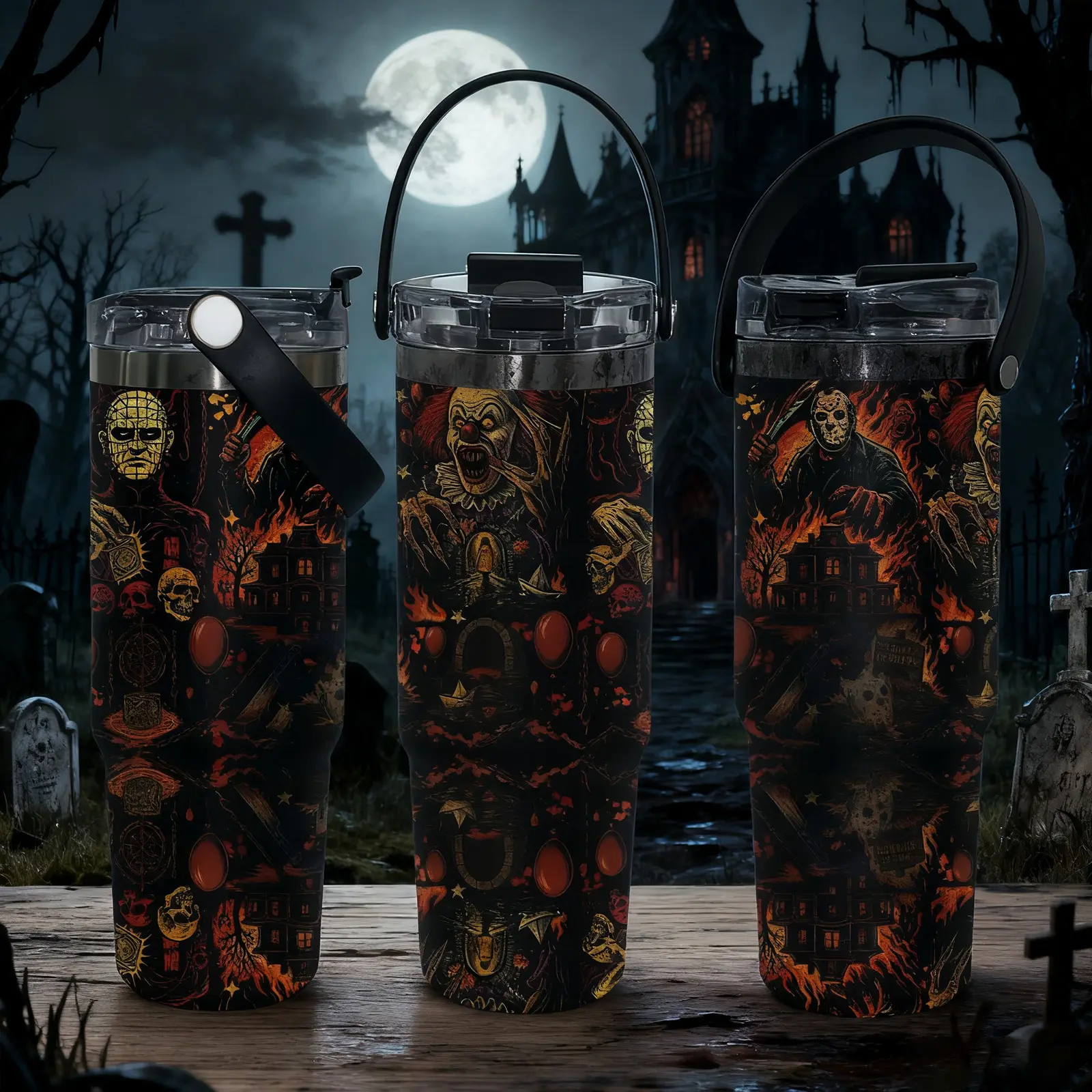 1 Pc 30 Oz Stainless Steel Insulated Tumbler, Leakproof Tumbler with Handle and Flip Lid, Horror Movie Icon Pattern in Red and Black, Double-Wall Vacuum Cup, 100% Leak-Proof, Keep Hot 12H / Cold 24H, Halloween and Gothic Gift Idea