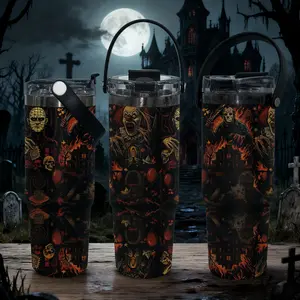 1 Pc 30 Oz Stainless Steel Insulated Tumbler with Handle and Flip Lid, Horror Movie Icon Pattern in Red and Black, Double-Wall Vacuum Cup, 100% Leak-Proof, Keep Drinks Hot 12H / Cold 24H, Cool Halloween and Gothic Gift Idea, Insulated Travel Drinkware.  4