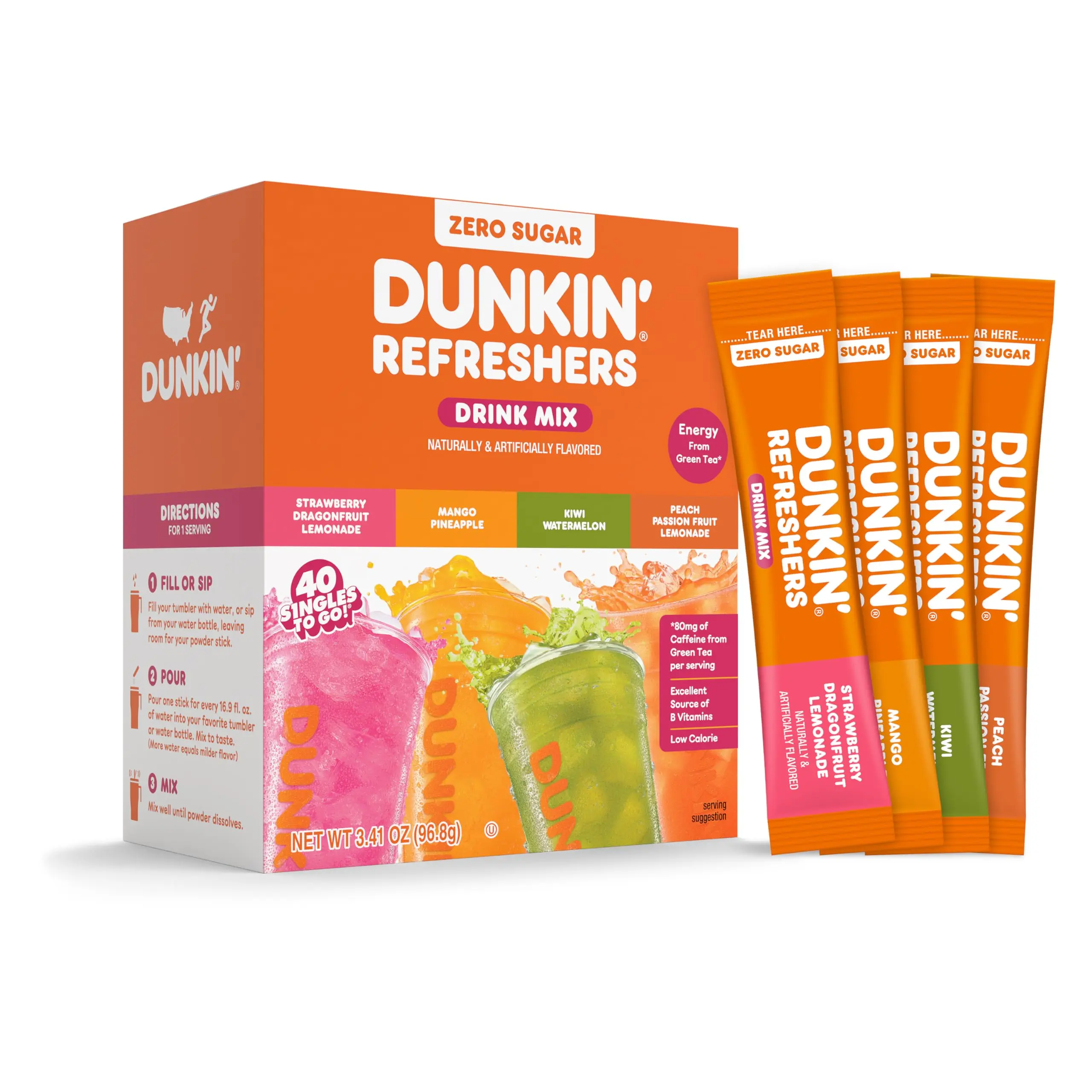 Dunkin' Refreshers Green Tea Drink Mix Packets, 40 Count, Strawberry Dragonfruit, Mango Pineapple, Peach Passionfruit
