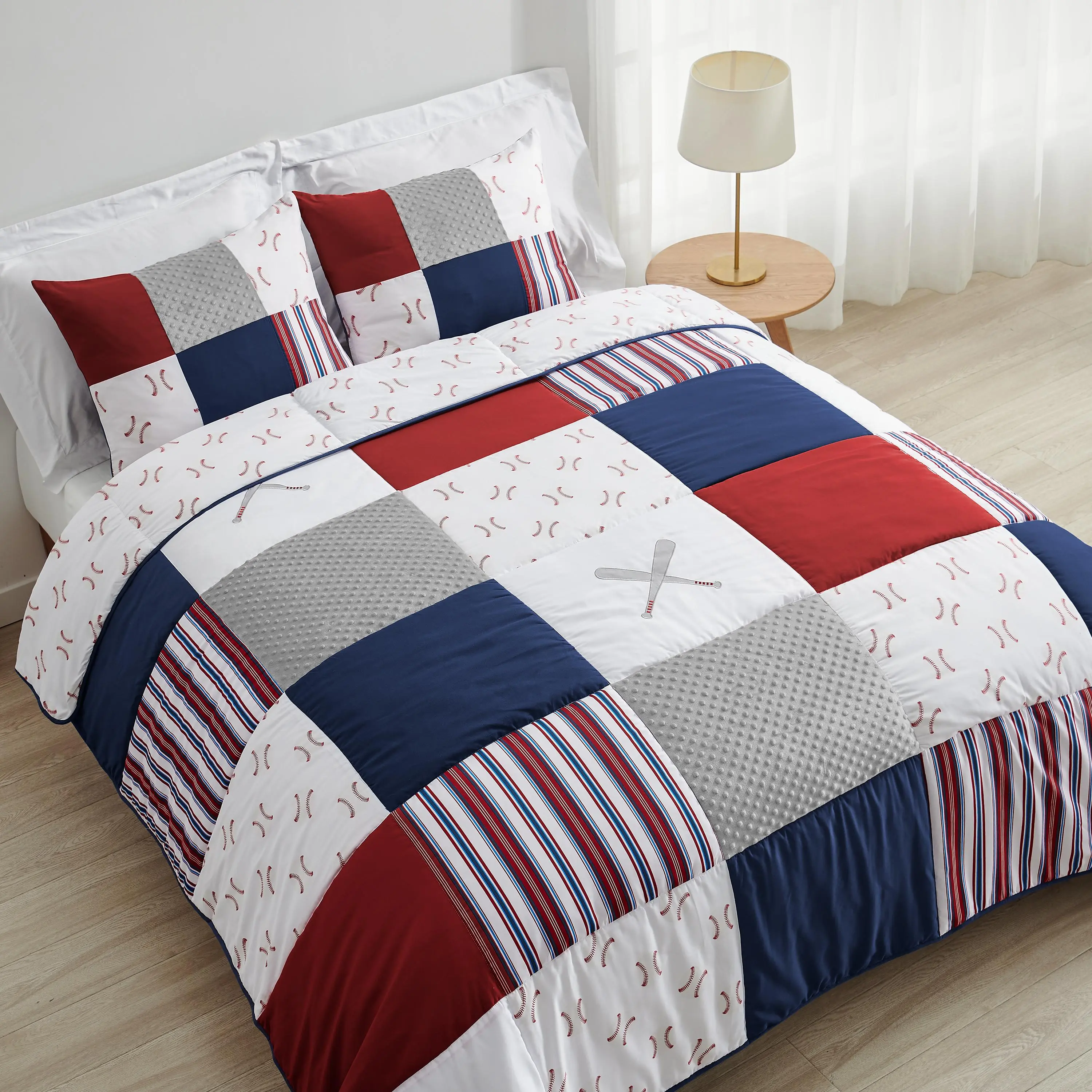 Sweet Jojo Designs Red, White and Blue Baseball Patch Sports Boy Full / Queen Kid Teen Bedding Comforter Set - 3 pieces - Grey Patchwork Stripe