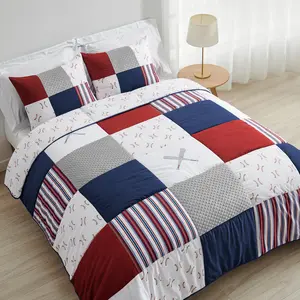 Sweet Jojo Designs Red, White and Blue Baseball Patch Sports Boy Full / Queen Kid Teen Bedding Comforter Set - 3 pieces - Grey Patchwork Stripe