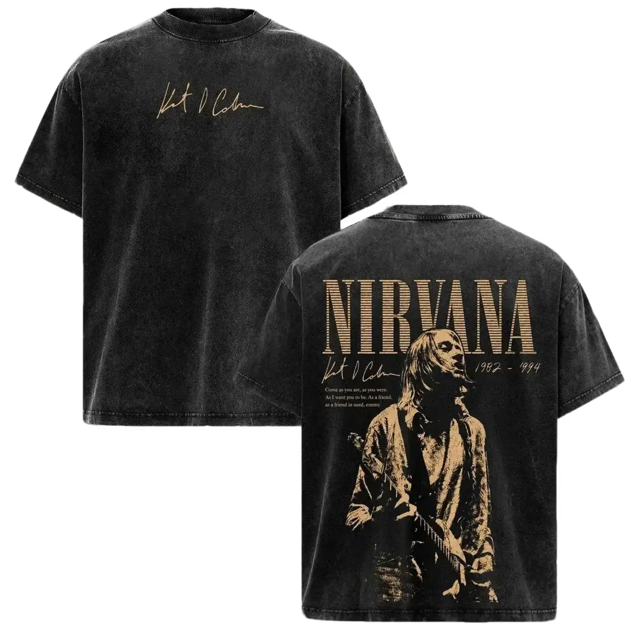 Menswear Nirvana Vintage Washed Band T-Shirt - Kurt Cobain Graphic, Come As You Are Heavyweight Cotton Short-Sleeve, Double-Sided Grunge Rock Unisex Streetwear Concert Merch BZZ YF5